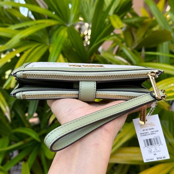 Michael Kors Jet Set Large Double Zip Phone Wallet Graphic Logo MK Light Sage - Picture 5 of 10